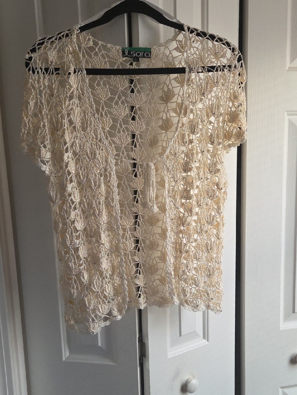 Sara Open Tie Crochet Short-Sleeve Tunic in Cream